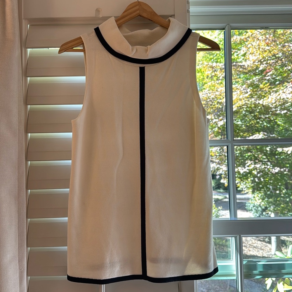 Ann Taylor sleeveless, black and cream sweater with wide turtleneck